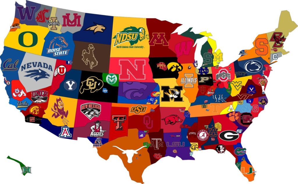 map of usa with college teams logos